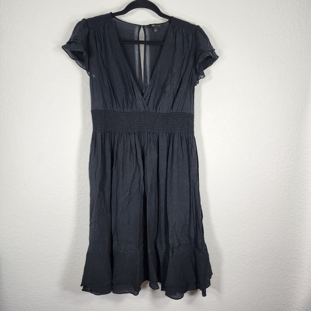 Frye Natalie black silk dress smocked waist flutter sleeve keyhole back Sz M